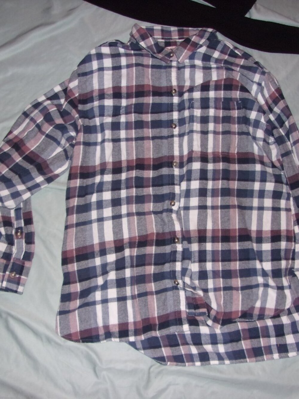 womans size medium long sleeved shirt top flannel blue brown button gorpcore